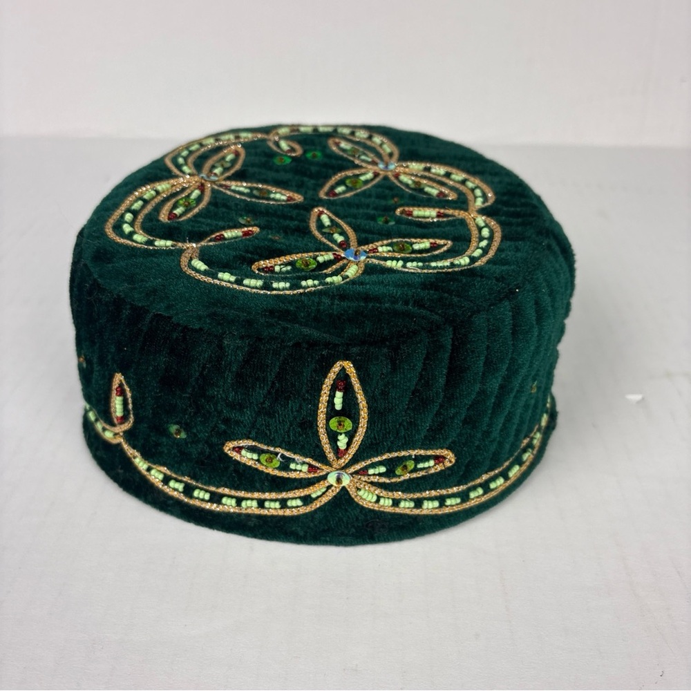 Russian Hat Skull Cap Green Velvet Fabric Beaded Sequin Special Occasion Royal
